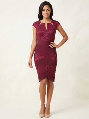 Melrose Solcial Burgandy Lace & Ribbed Panel Keyhole Sheath Dress